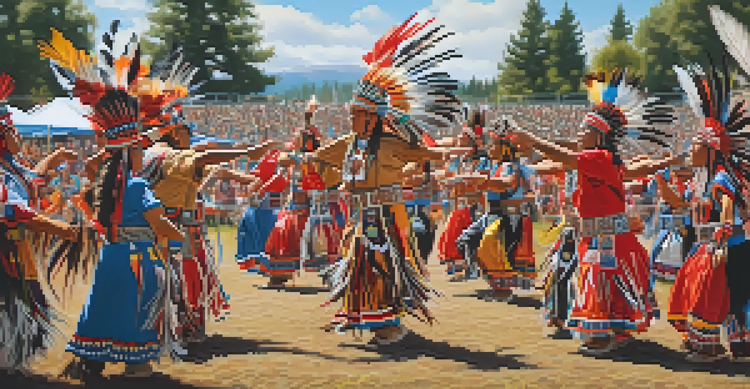 Dancers in colorful regalia at a powwow, with an audience watching and drums playing in a festive atmosphere.