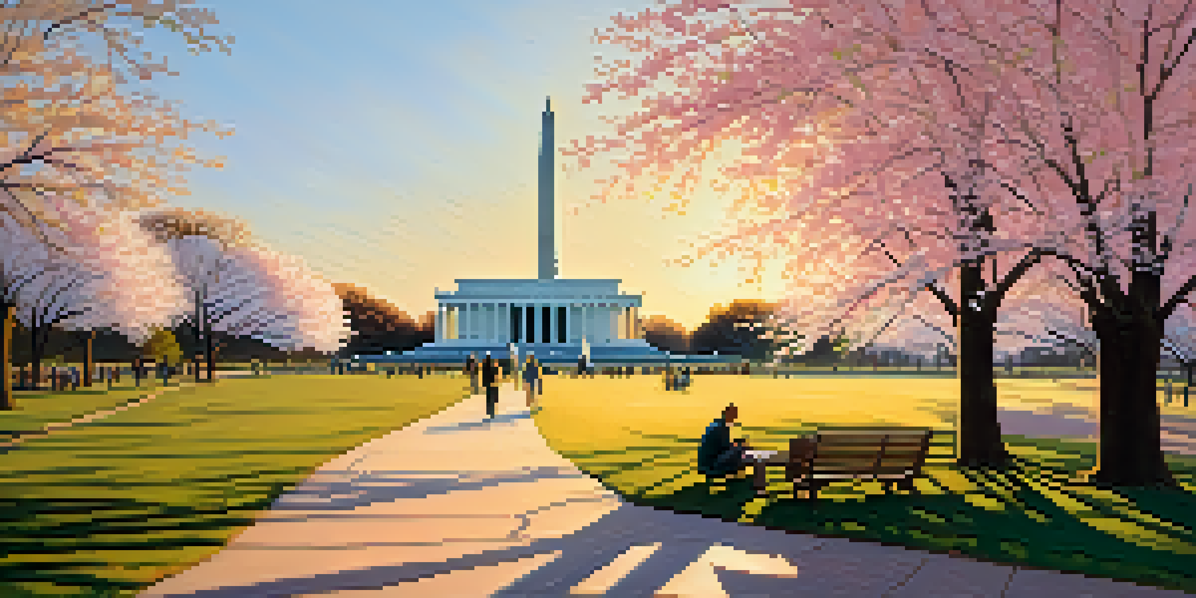 A panoramic view of the National Mall with the Lincoln Memorial and Washington Monument, surrounded by cherry blossoms during sunset.