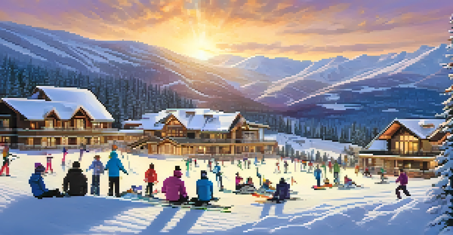 A family enjoying a ski day in Park City, Utah, with children snow tubing and adults relaxing near a lodge amidst snowy mountains.