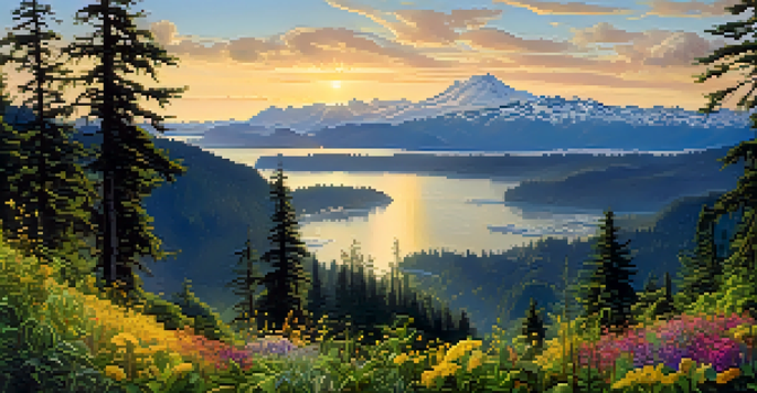 A wide view of the Olympic Peninsula with green forests, mountains, and coastline, illuminated by sunset light.