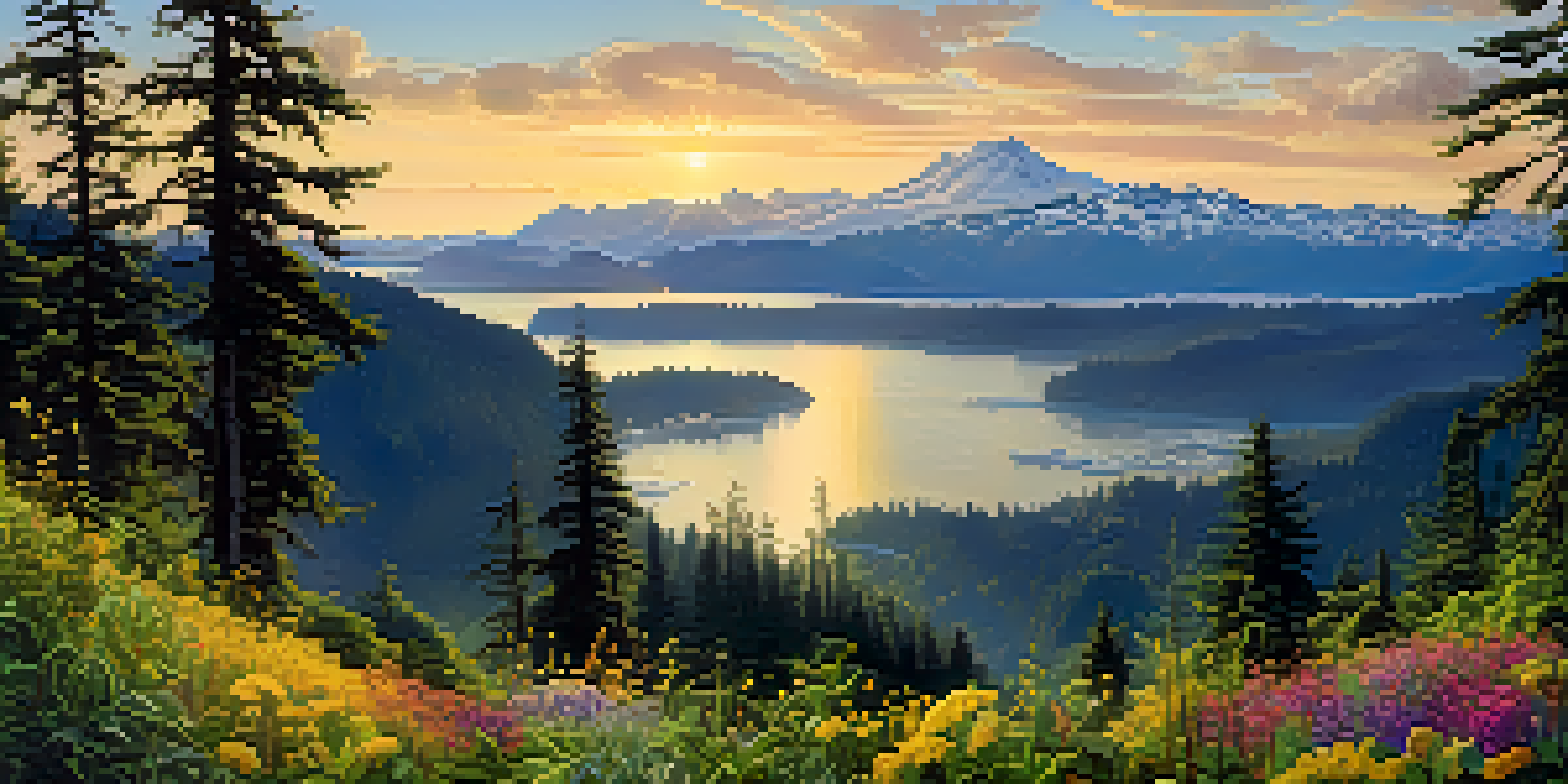 A wide view of the Olympic Peninsula with green forests, mountains, and coastline, illuminated by sunset light.