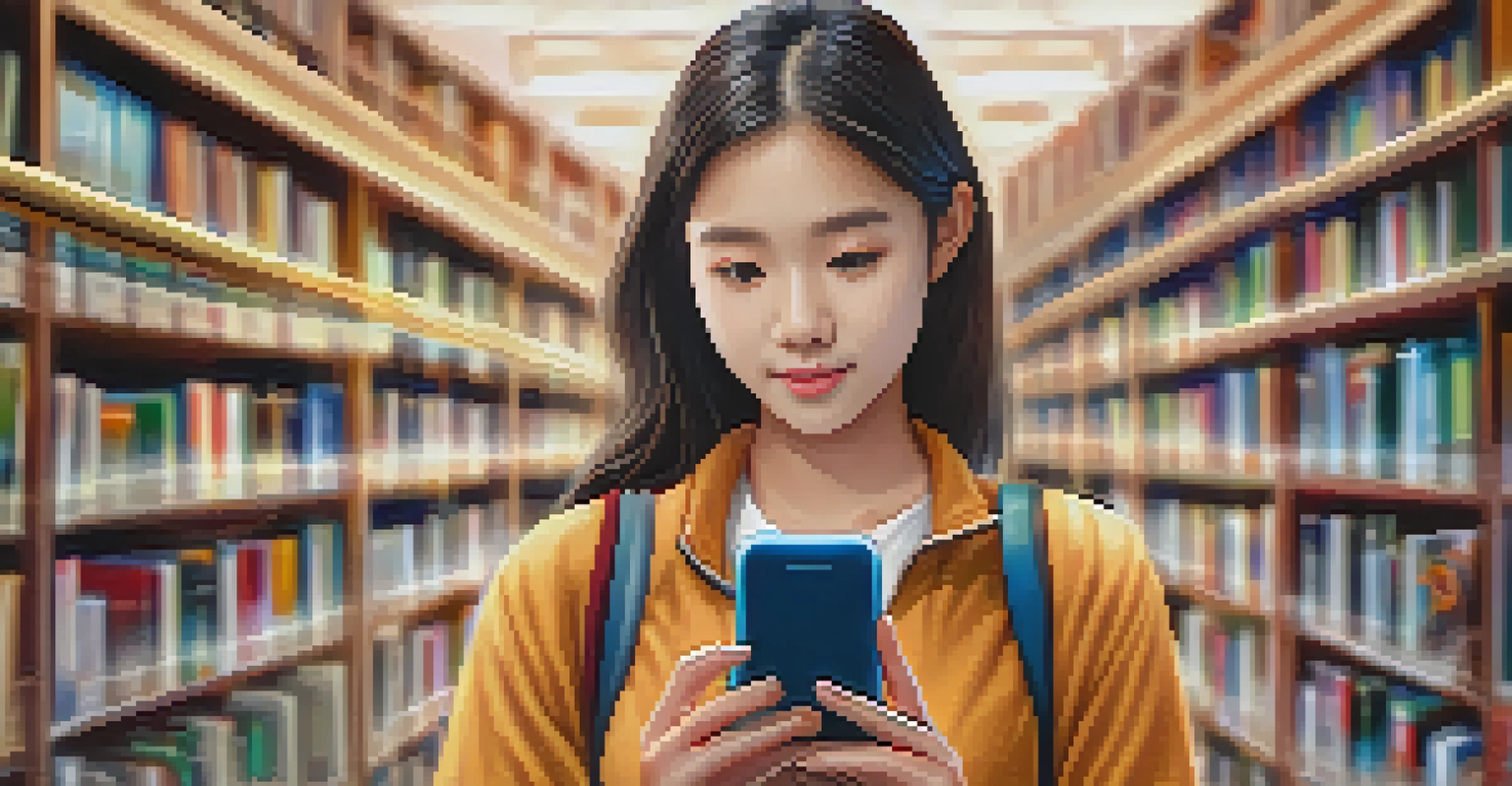Close-up of a thoughtful student using a smartphone to check global university rankings in a library setting.