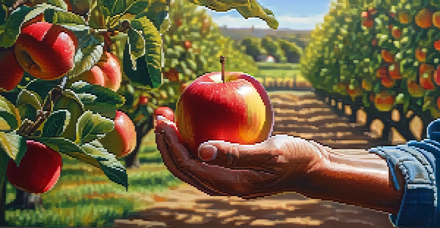 A close-up of hands holding fresh apples in an orchard with sunlight filtering through the leaves.