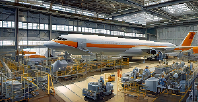 A spacious aerospace manufacturing facility with large aircraft being assembled, filled with workers and high-tech machinery under bright natural light.