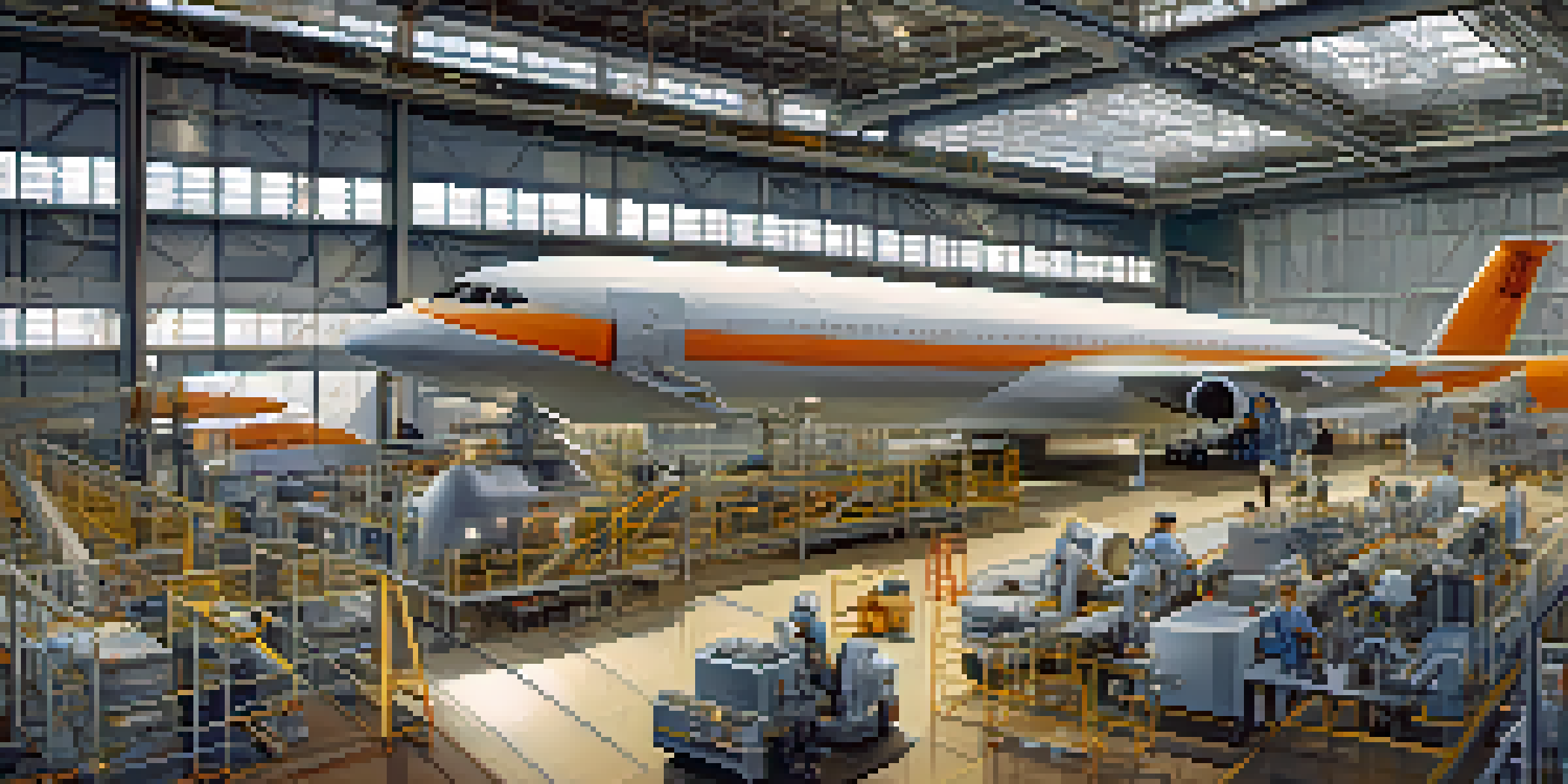A spacious aerospace manufacturing facility with large aircraft being assembled, filled with workers and high-tech machinery under bright natural light.
