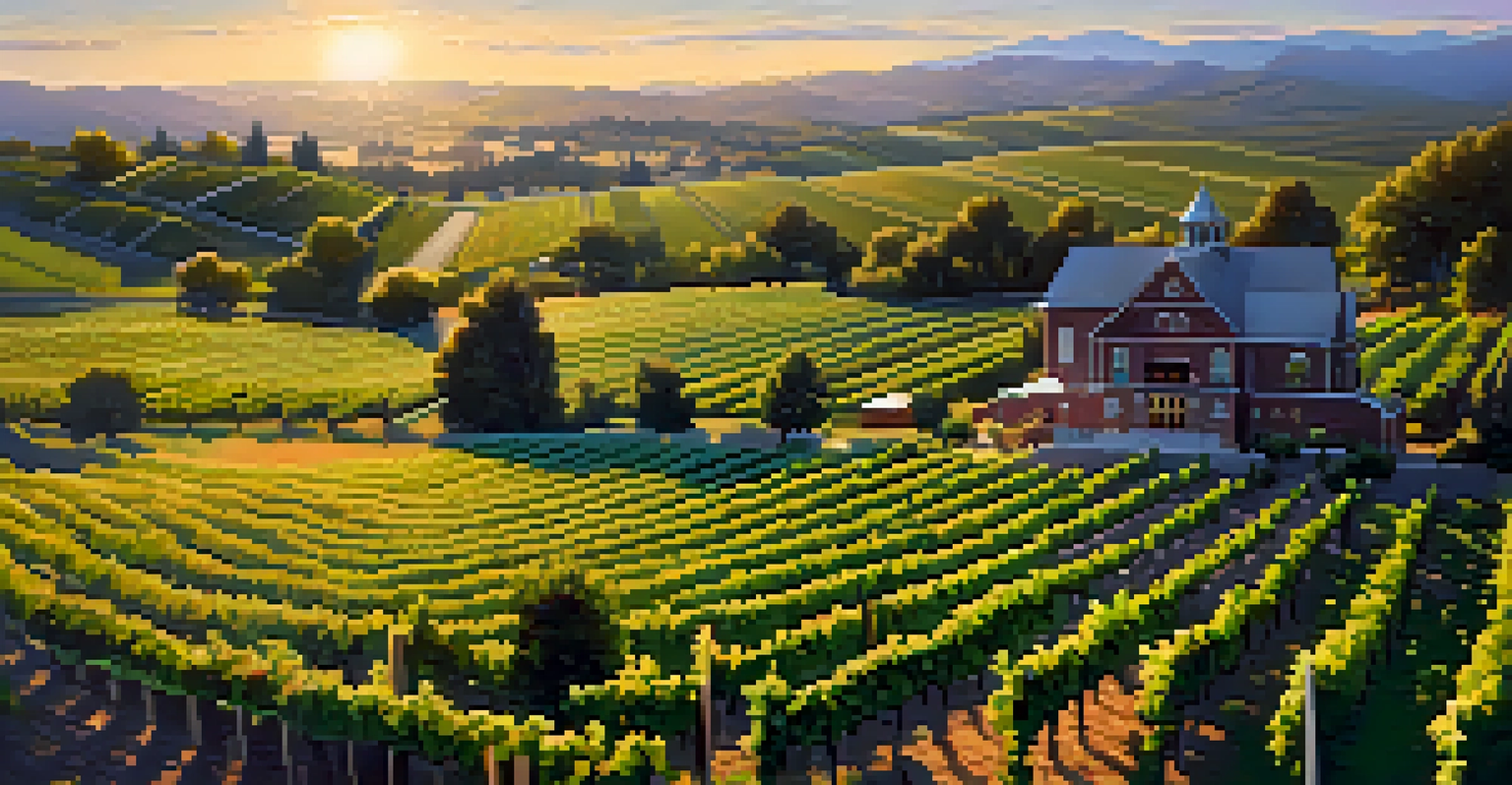 An aerial shot of a vineyard in Washington State with rows of grapevines illuminated by sunset.