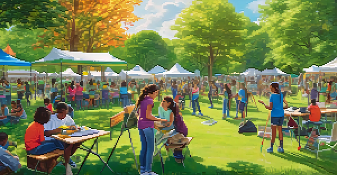 A lively park scene with young people engaged in environmental activities like tree planting and cleanup, under a bright sun with colorful banners.