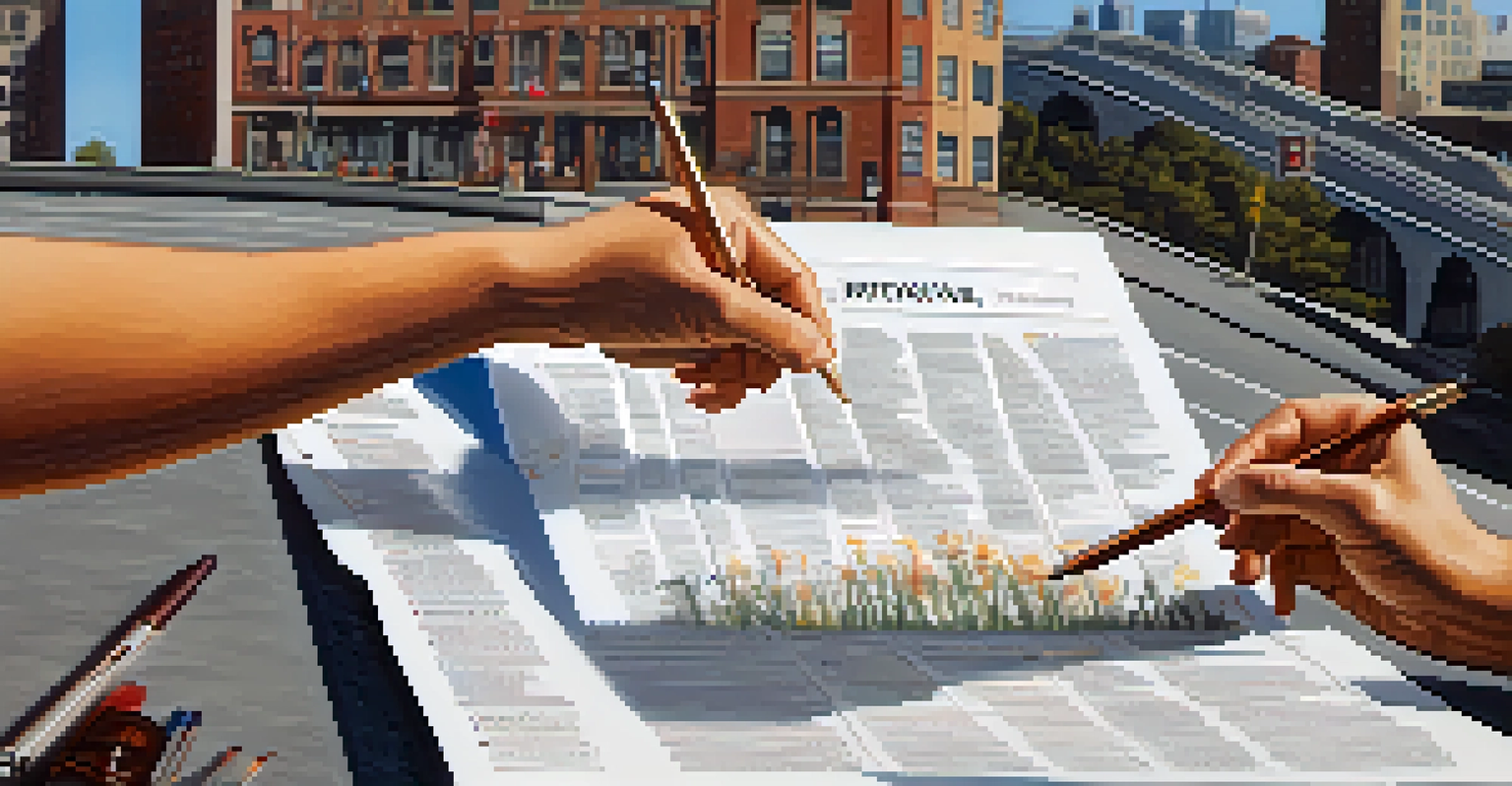 Close-up of hands collecting signatures on a petition with a blurred city skyline in the background.