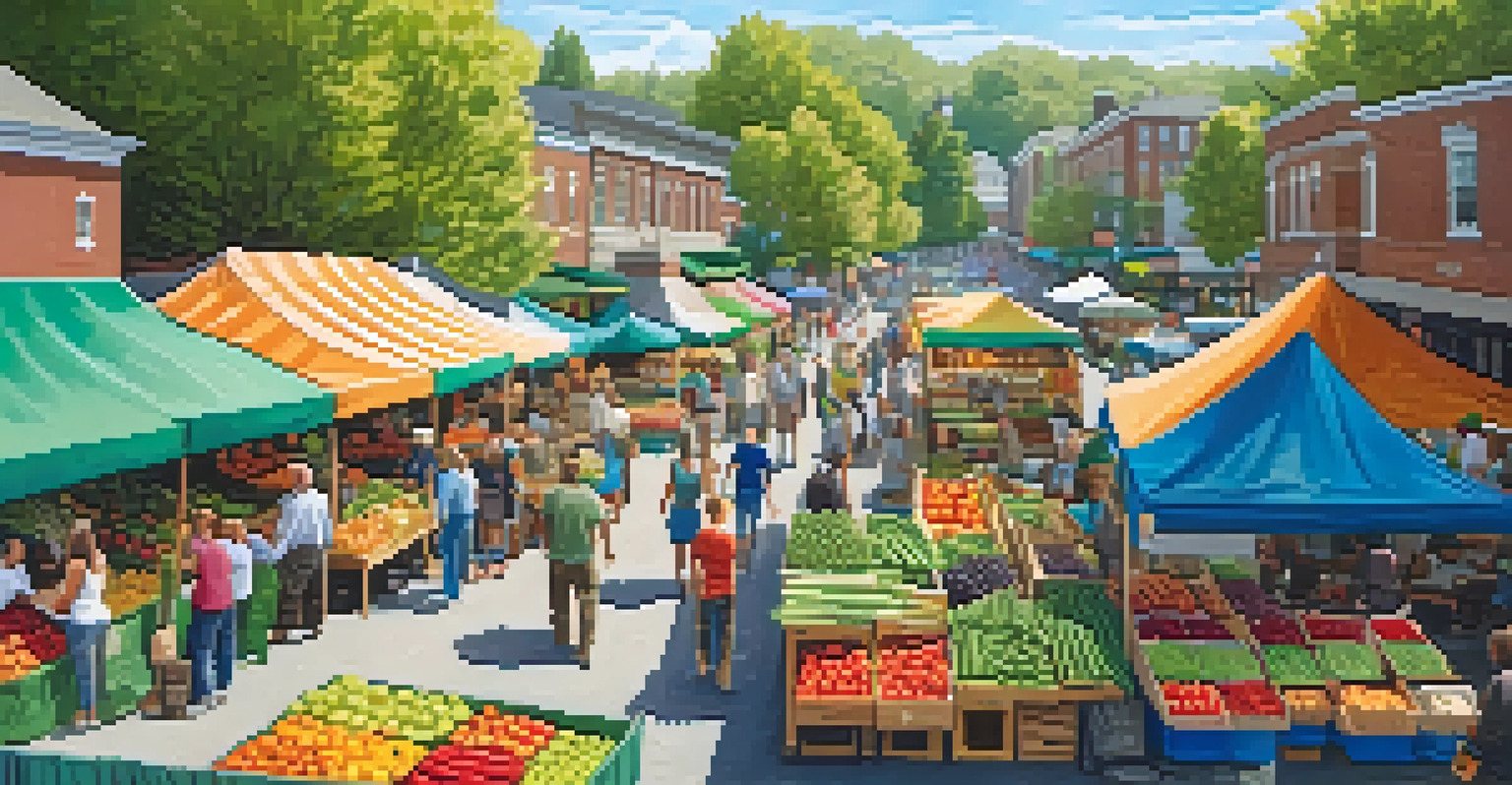 An aerial view of a busy farmers' market with colorful produce and people shopping in a green setting.