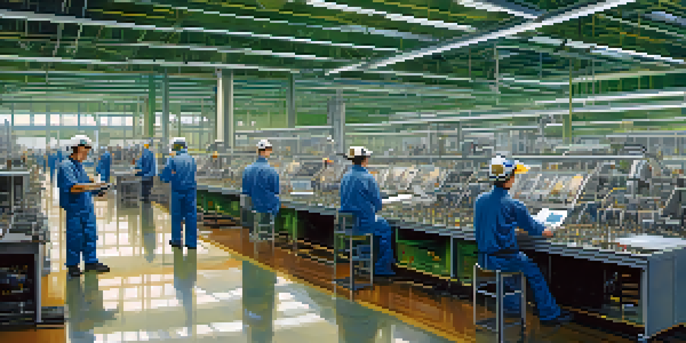 A modern manufacturing facility with workers and robots assembling aerospace components, featuring large windows and a green landscape view.