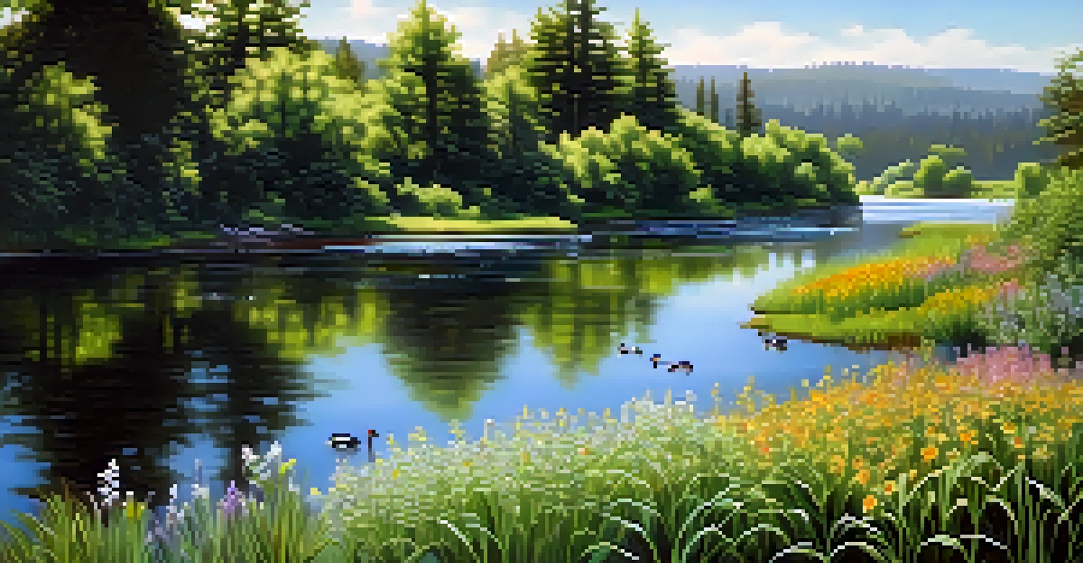 A calm river with clear water and lush greenery, featuring ducks swimming along the banks with wildflowers.