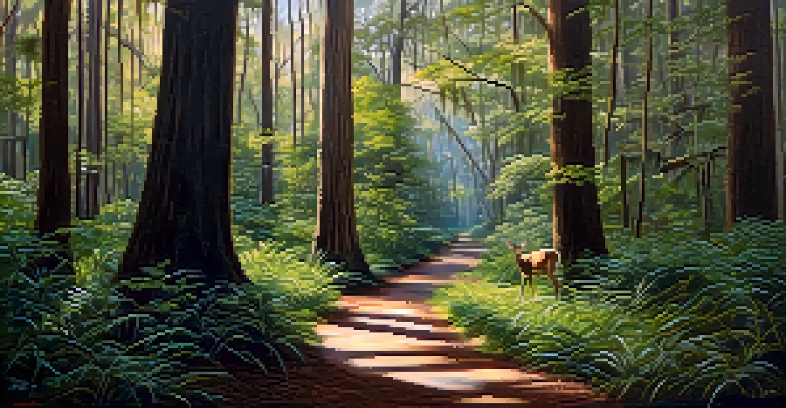 A peaceful swamp in Congaree National Park, with old-growth trees, sunlight filtering through the leaves, and a deer observing from behind a tree.