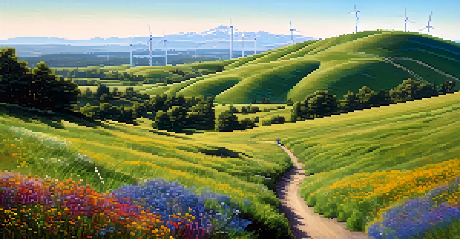 A vibrant outdoor scene in Washington State with hills, wildflowers, and a wind farm in the distance.