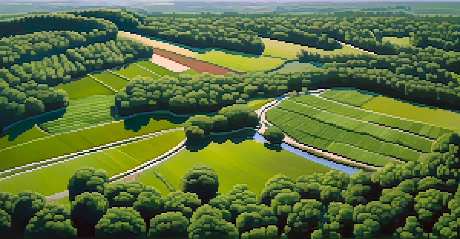 An aerial perspective of a farm integrating trees with berry crops, showcasing the blend of nature and agriculture in Washington.