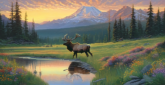 A picturesque view of Washington's diverse ecosystems with an elk grazing in a meadow surrounded by wildflowers and mountains in the background.