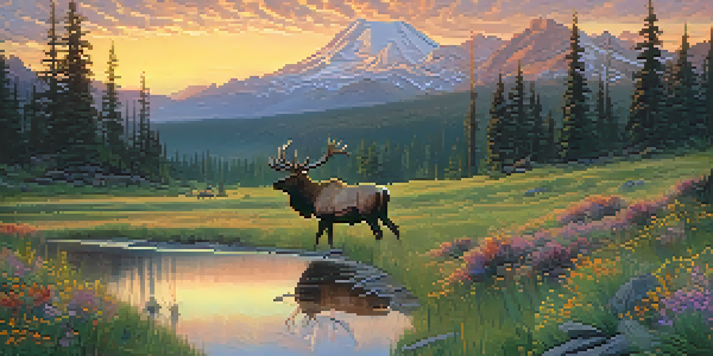 A picturesque view of Washington's diverse ecosystems with an elk grazing in a meadow surrounded by wildflowers and mountains in the background.