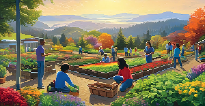 A community gardening project in Washington State with diverse people planting flowers and vegetables under a rainbow in a lush green landscape.