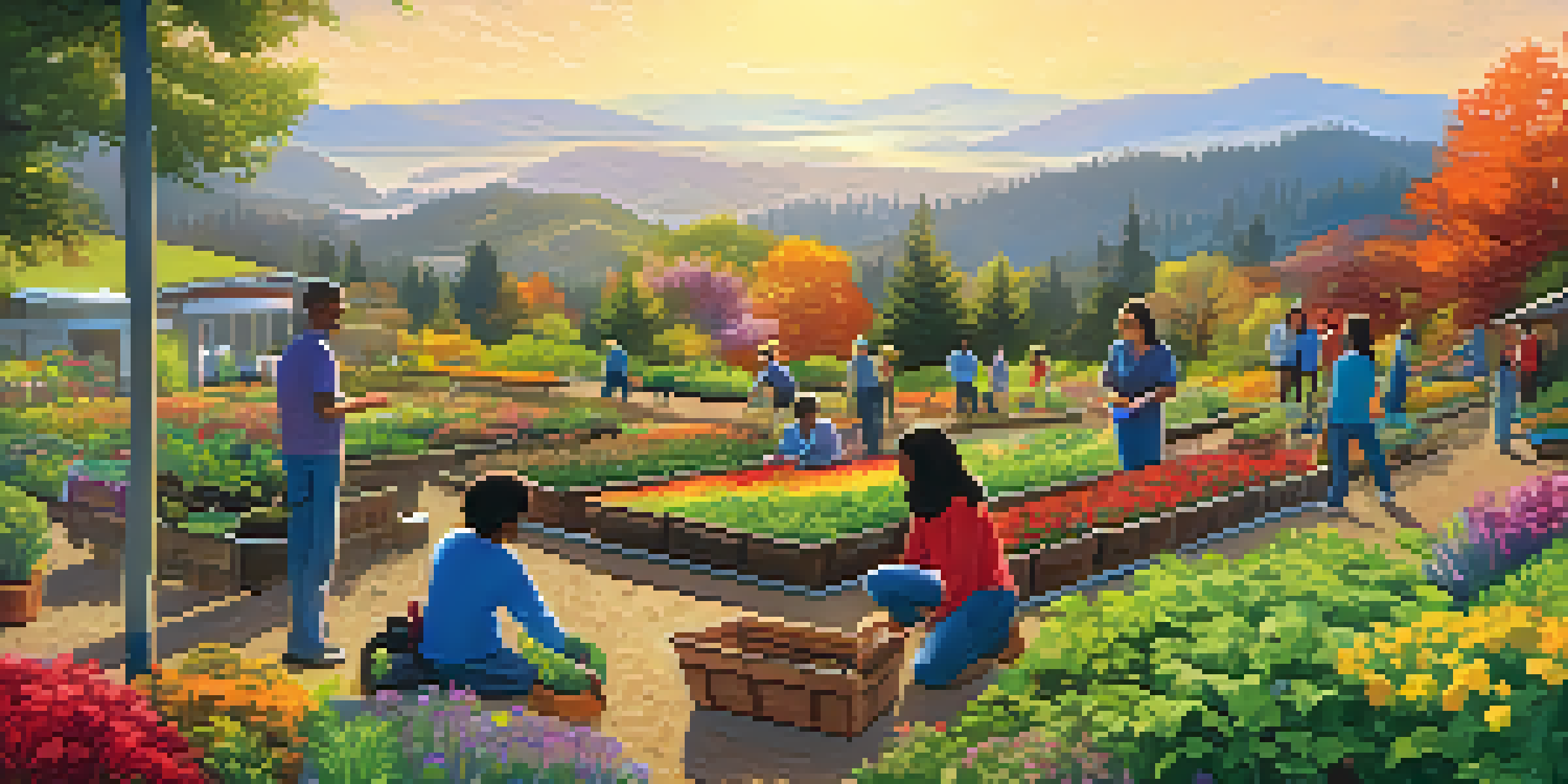 A community gardening project in Washington State with diverse people planting flowers and vegetables under a rainbow in a lush green landscape.