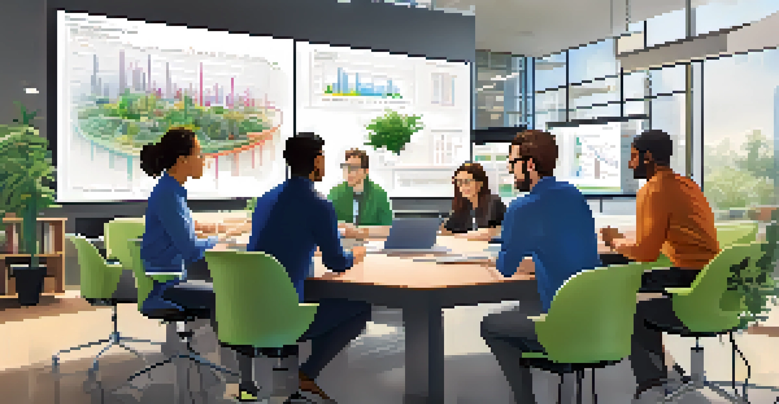 A diverse group of researchers discussing ideas around a conference table, with digital screens and plants in a modern office setting.