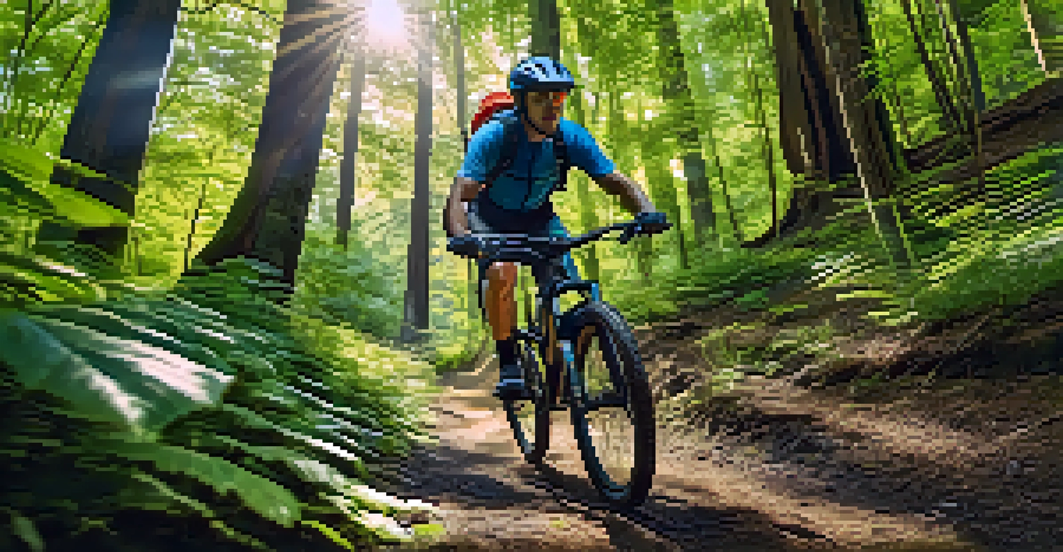A mountain biker riding through a green forest trail with sunlight filtering through the trees.