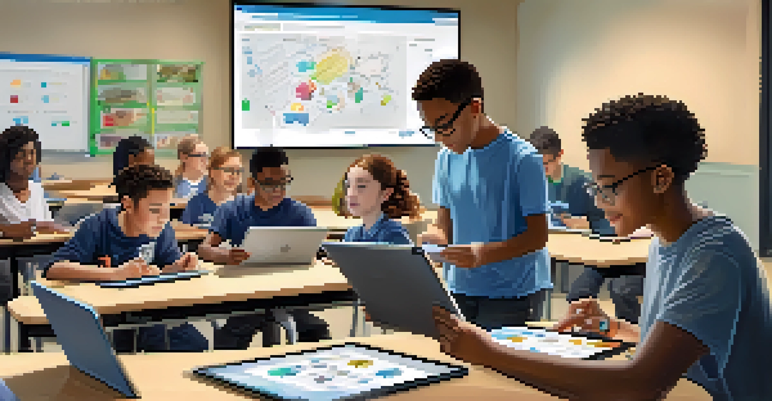 A diverse group of students working together on a project in a tech-equipped classroom with tablets and a smartboard.