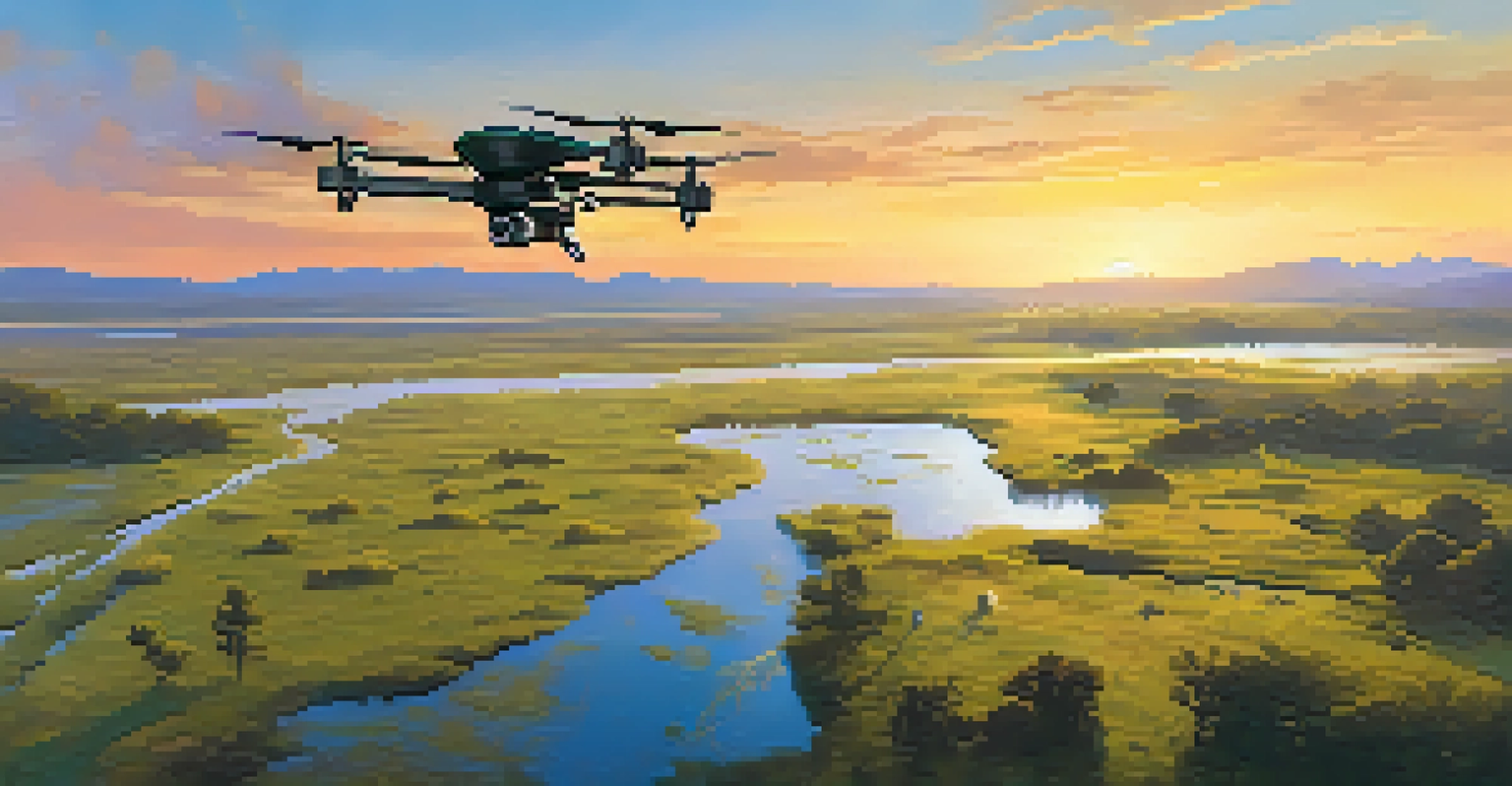 A drone flying over a wetland, monitoring wildlife including birds and fish, with hills and a sunset in the background.