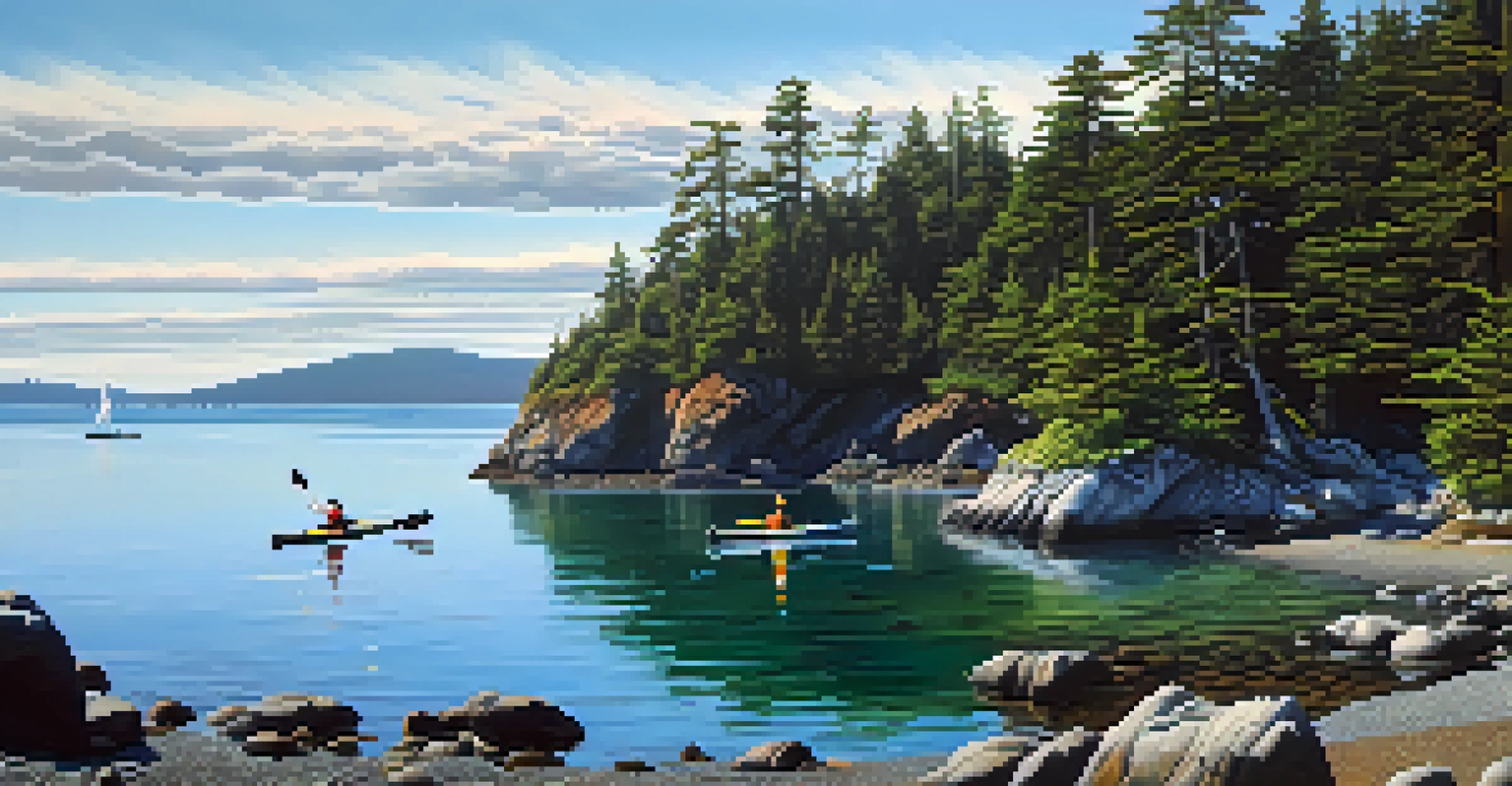 A rocky coastline with kayakers on the water and orcas breaching in the distance under a clear blue sky.