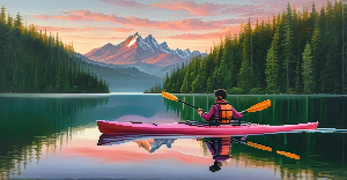 A breathtaking sunrise over the Cascade Mountains with a calm lake and a kayaker.