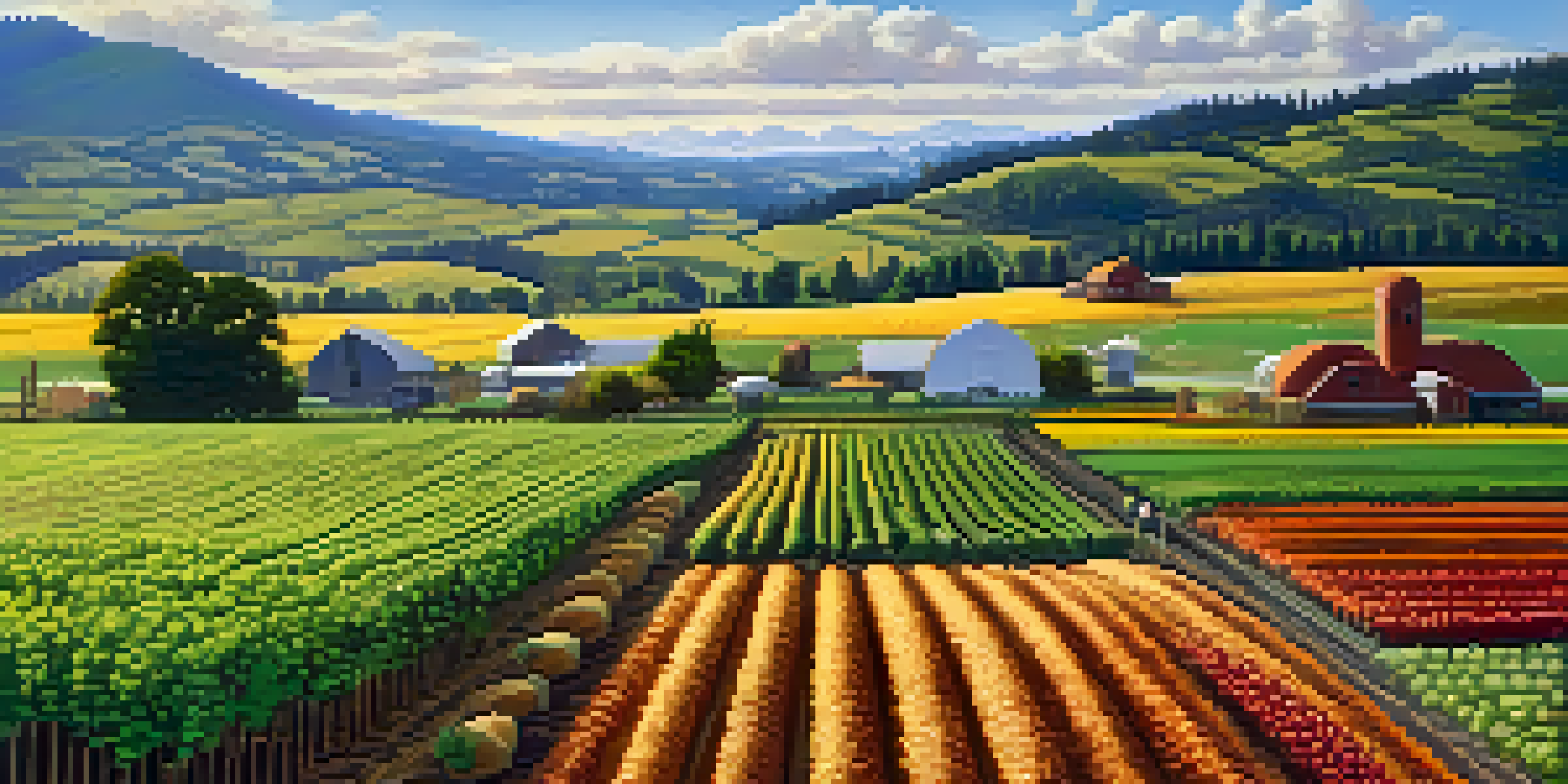 A picturesque view of sustainable farming in Washington, showing green fields with diverse crops and a farmer working in the foreground under a sunny sky.