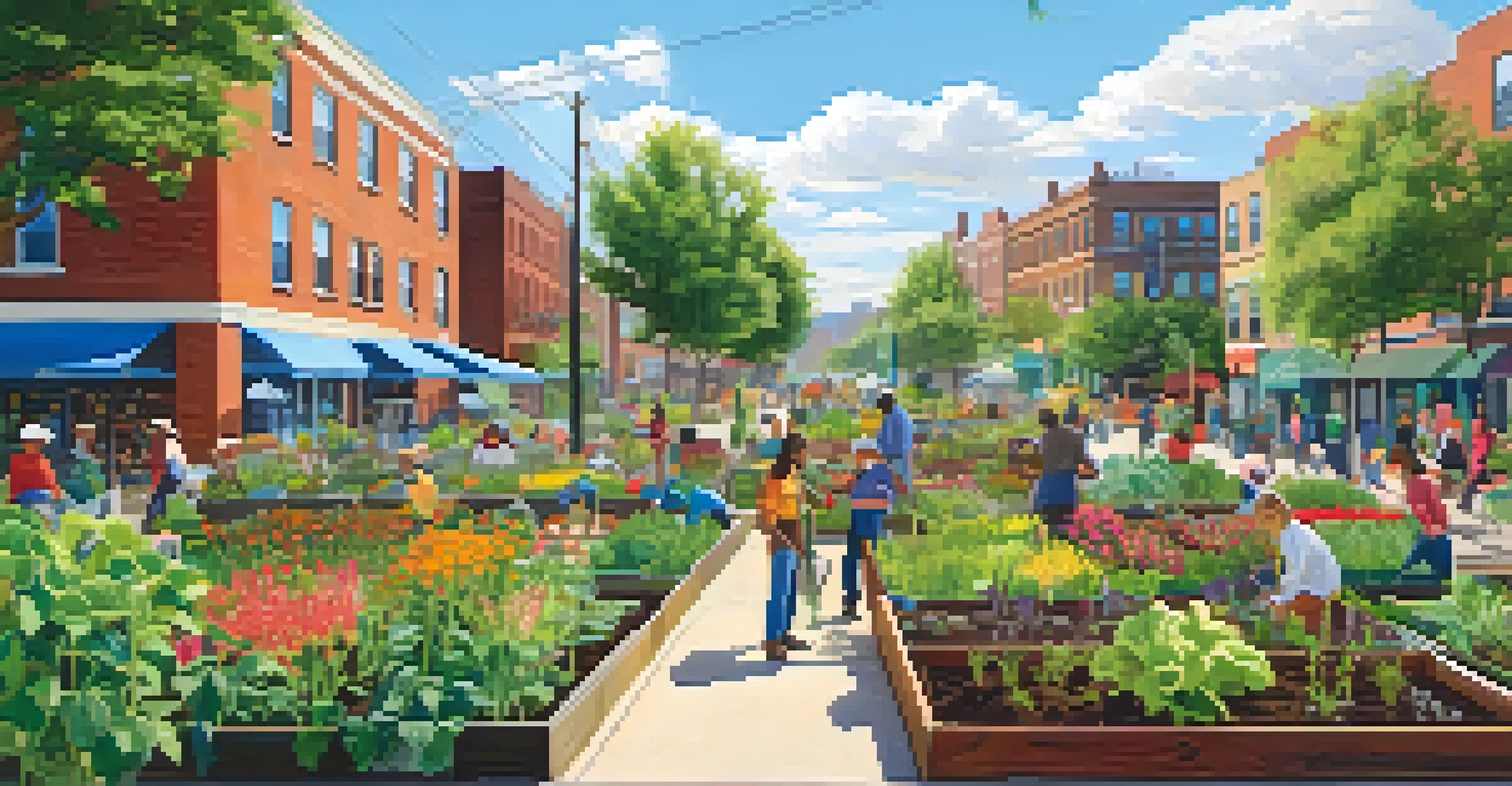 A lively community garden bustling with people planting and tending to various flowers and vegetables under a clear blue sky.