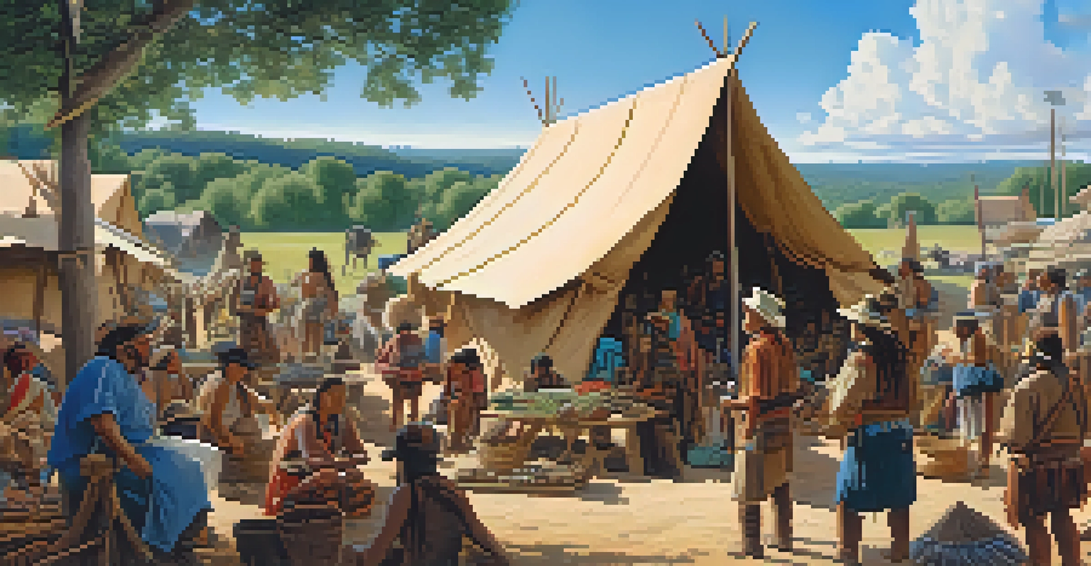 A cultural exchange scene between European settlers and Native American tribes at a trading post.