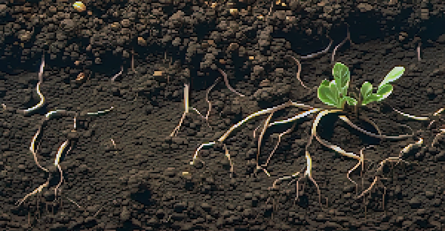 Close-up of healthy soil with thriving roots and organic compost, highlighting the importance of soil health.
