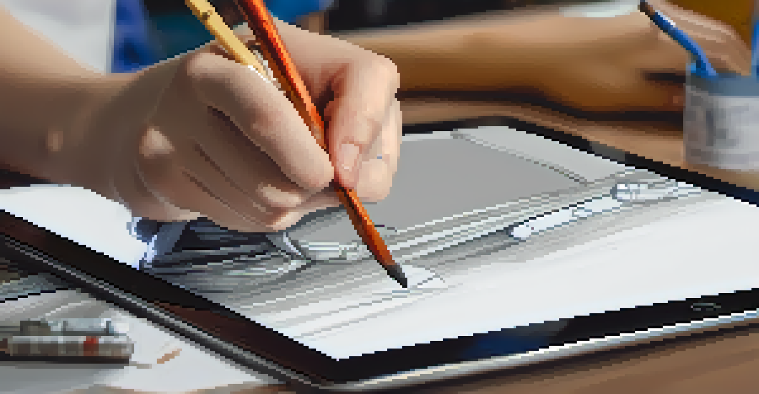 A close-up of hands sketching on a tablet, with a creative studio filled with interdisciplinary tools in the background.