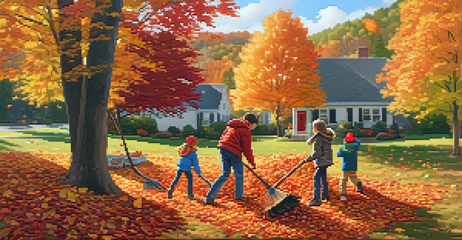 A family enjoying autumn by raking leaves and jumping into a pile of colorful foliage.