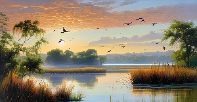 A peaceful wetlands landscape at sunrise with colorful reflections on the water, surrounded by green reeds and native birds.