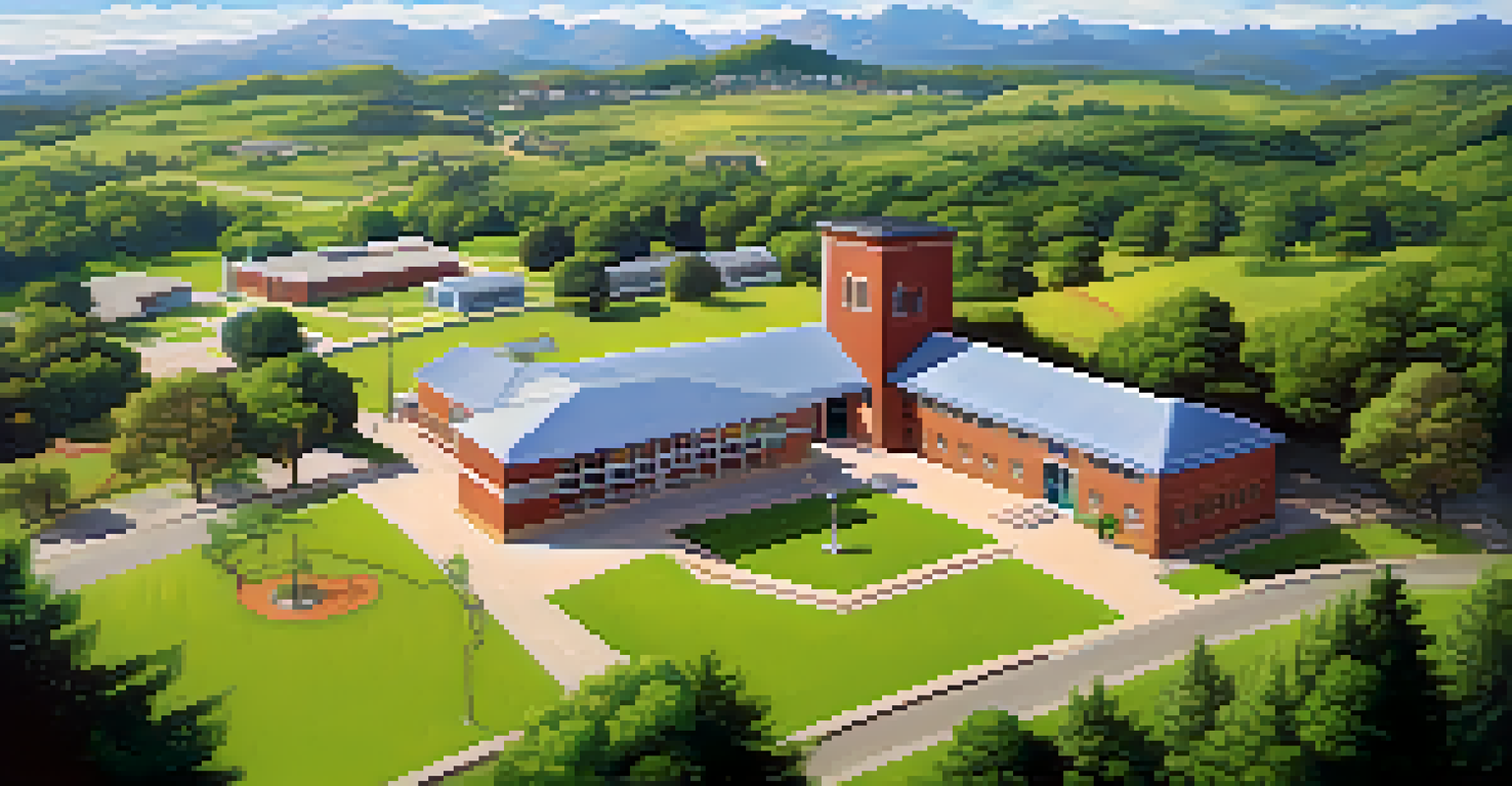 An aerial view of a rural school surrounded by nature, depicting geographic challenges in education access.