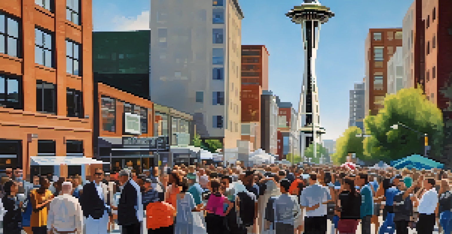 A community meeting in Seattle about affordable housing, with diverse individuals holding signs, and the Space Needle in the background.