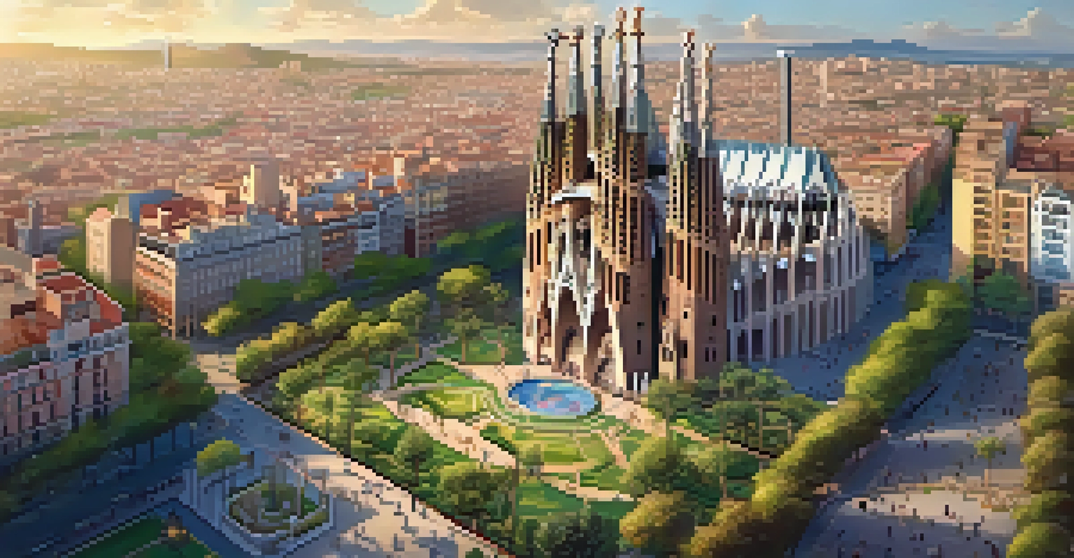 Aerial view of Sagrada Família in Barcelona at sunset, highlighting its intricate architecture and vibrant surroundings.