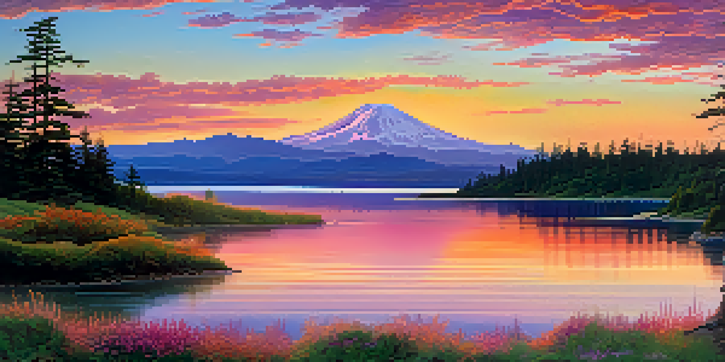 A beautiful sunset over Washington's coastal area, with vibrant colors reflecting on the water and lush vegetation in the foreground.