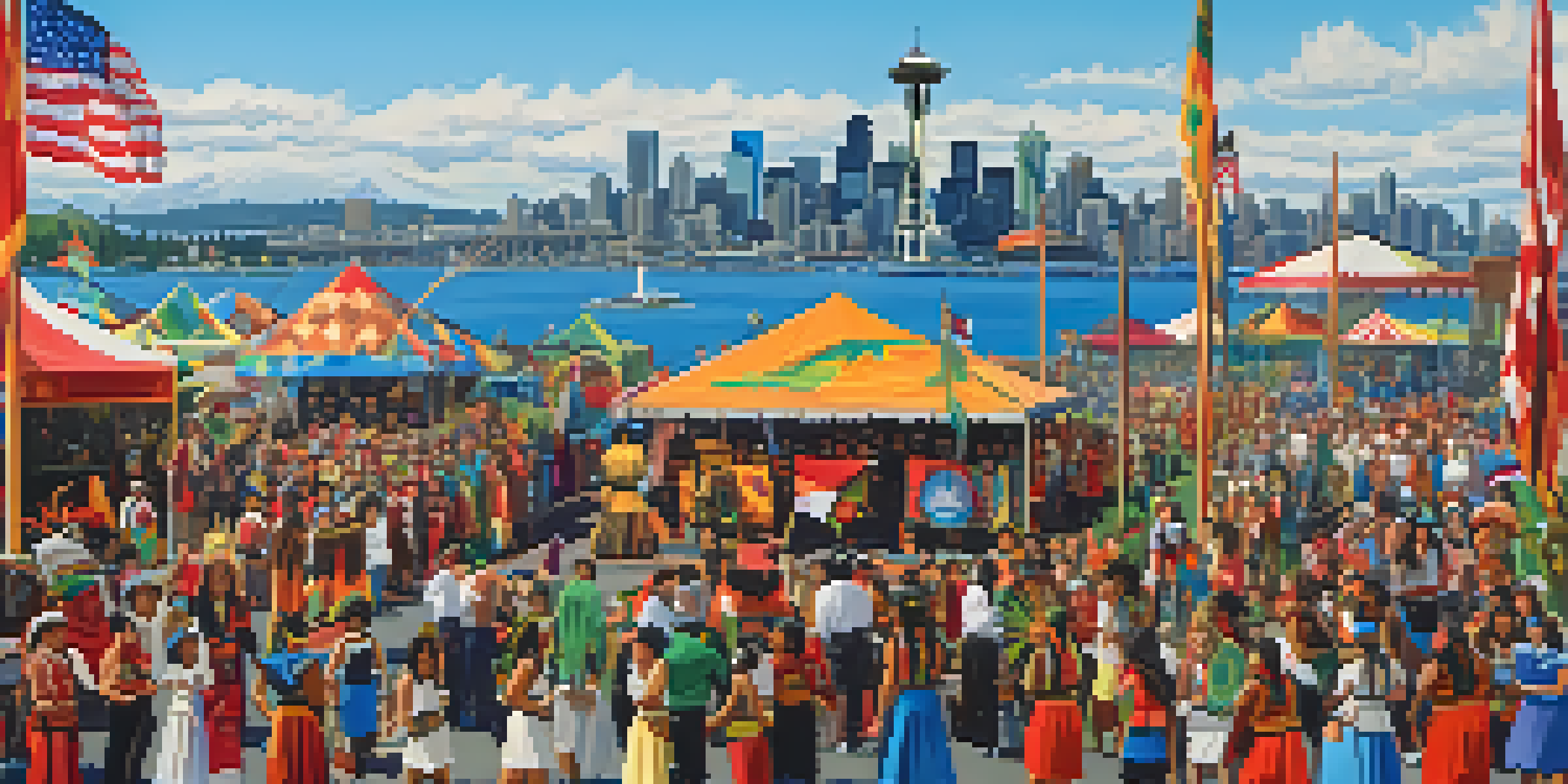 A lively celebration in Seattle with dancers in traditional clothing, drummers, and a city skyline in the background.