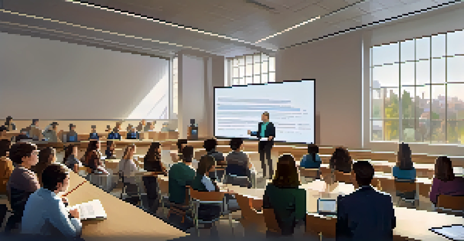 A professor presenting research in a bright lecture hall with students actively engaging.