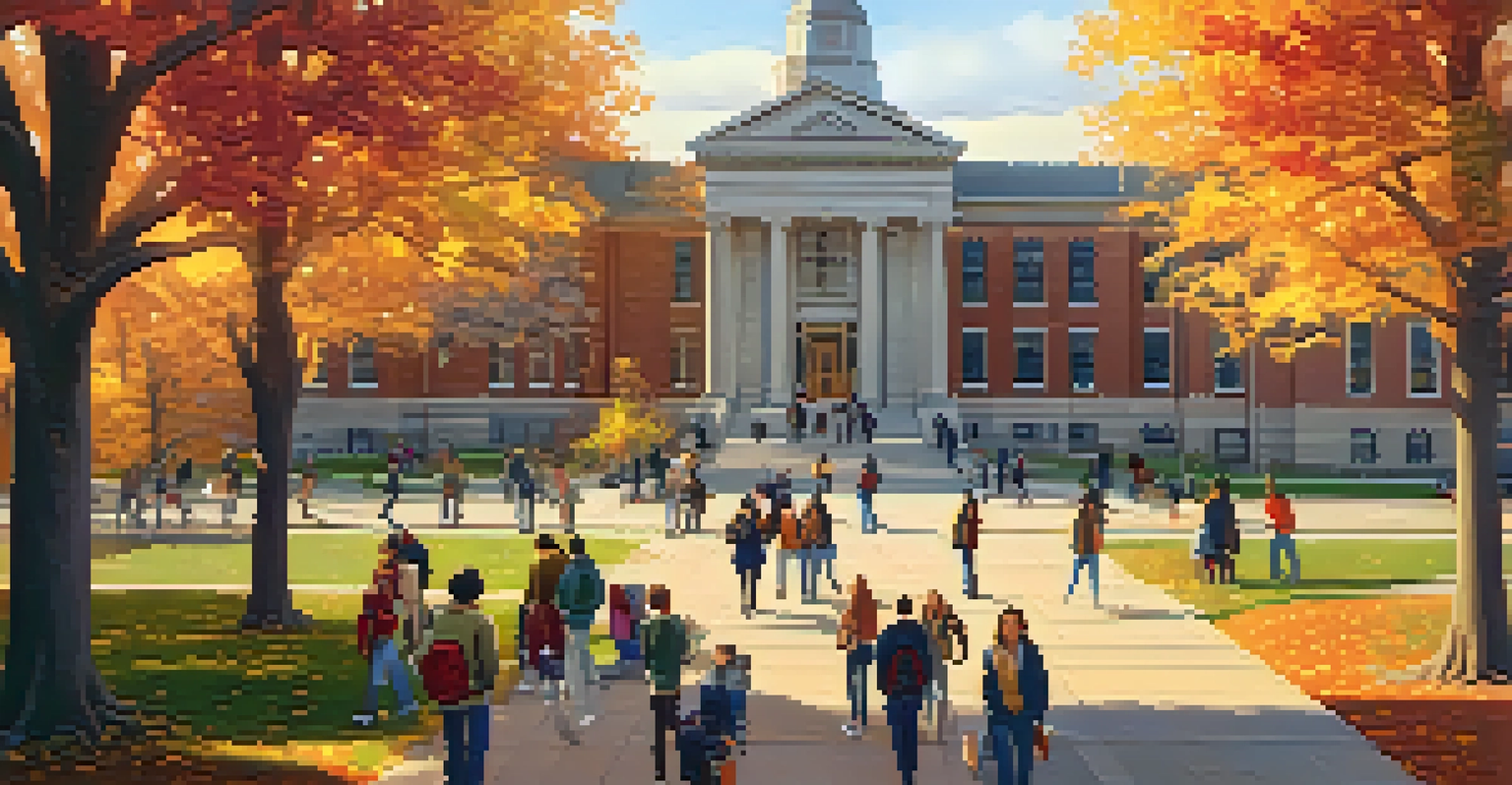 Aerial view of a university campus in autumn, showcasing students and colorful foliage against a backdrop of diverse architecture.