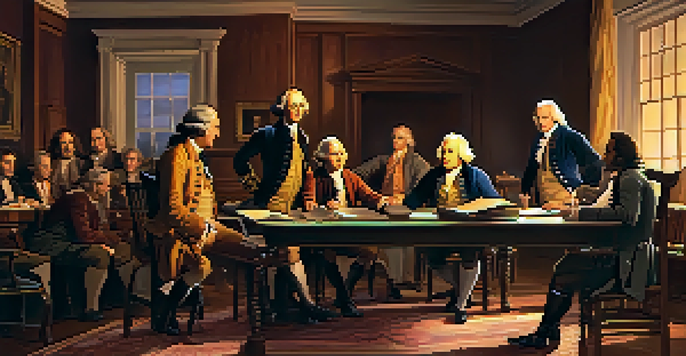 A group of Founding Fathers engaged in a serious discussion around a table, with warm lighting and colonial decor.