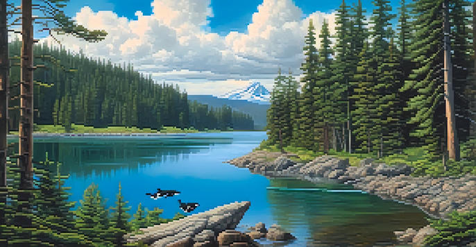 A peaceful forest landscape in Washington State featuring tall pine trees, a flowing river, an orca leaping from the water, and a gray wolf on a rock under a sunny sky.