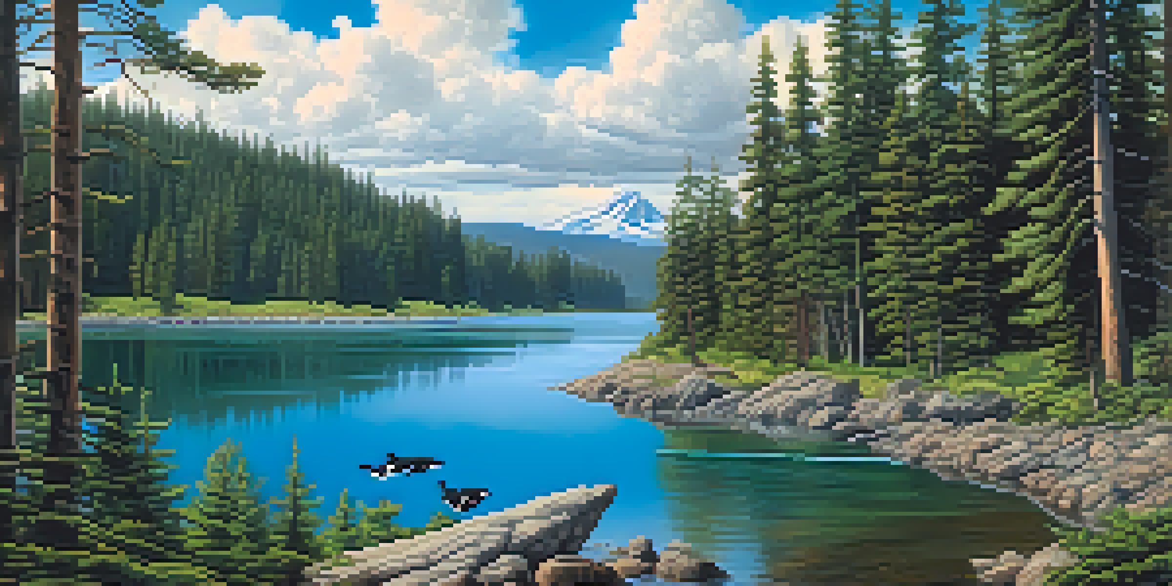 A peaceful forest landscape in Washington State featuring tall pine trees, a flowing river, an orca leaping from the water, and a gray wolf on a rock under a sunny sky.