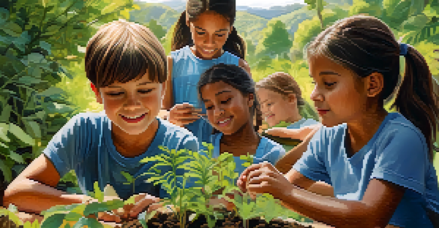 Children learning about environmental conservation in a workshop, planting a tree surrounded by native plants.