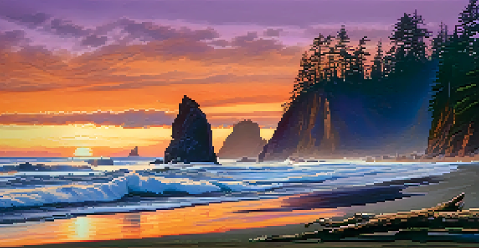 A panoramic view of Rialto Beach at sunset, featuring rugged cliffs and silhouetted sea stacks against a colorful sky.