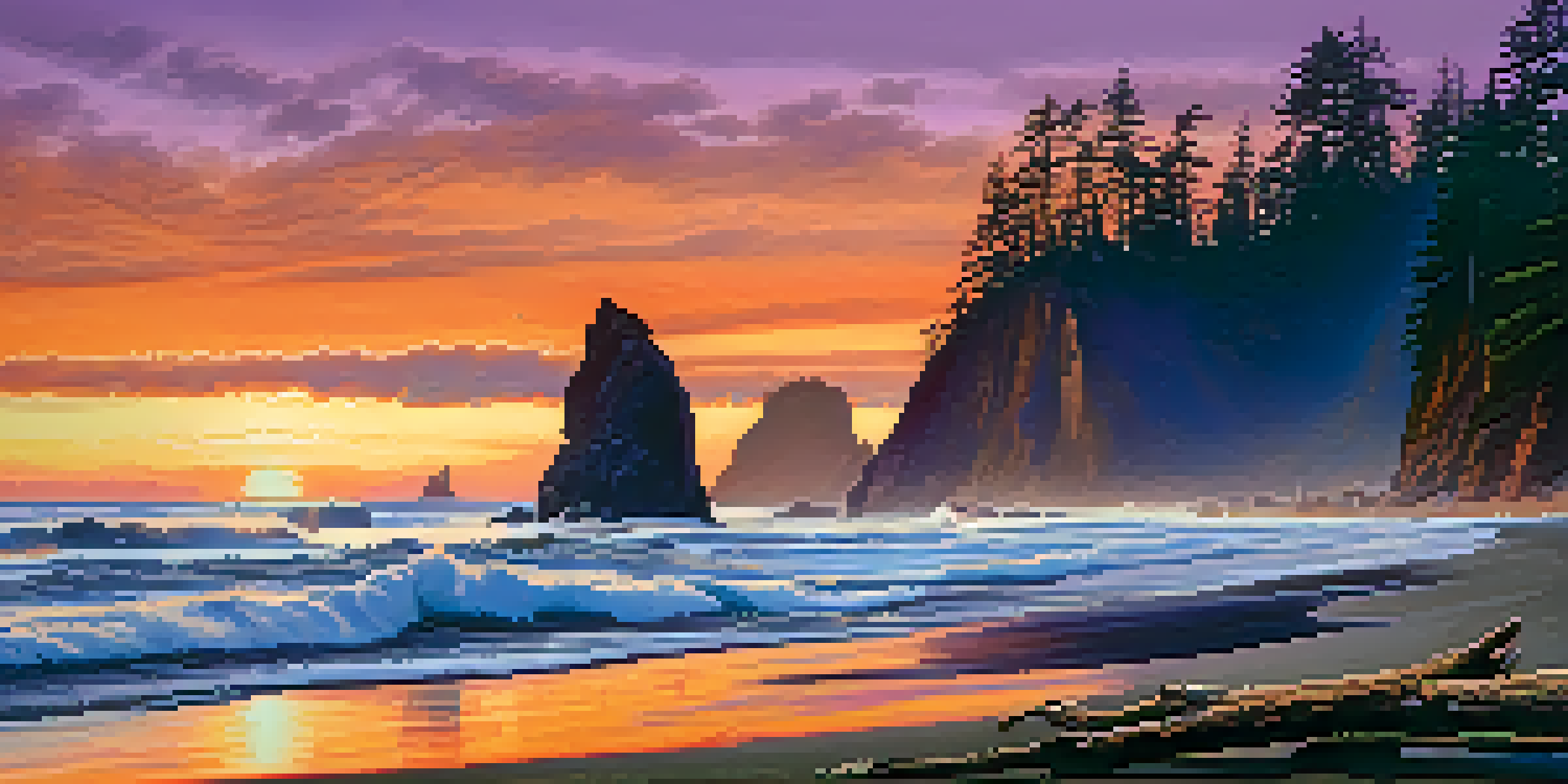 A panoramic view of Rialto Beach at sunset, featuring rugged cliffs and silhouetted sea stacks against a colorful sky.