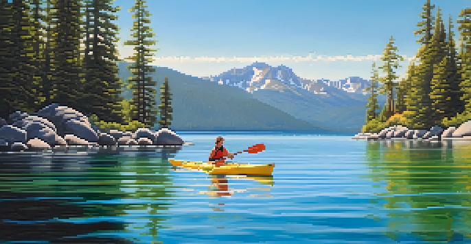 A kayaker navigating calm waters of Lake Tahoe with mountains and greenery in the background.