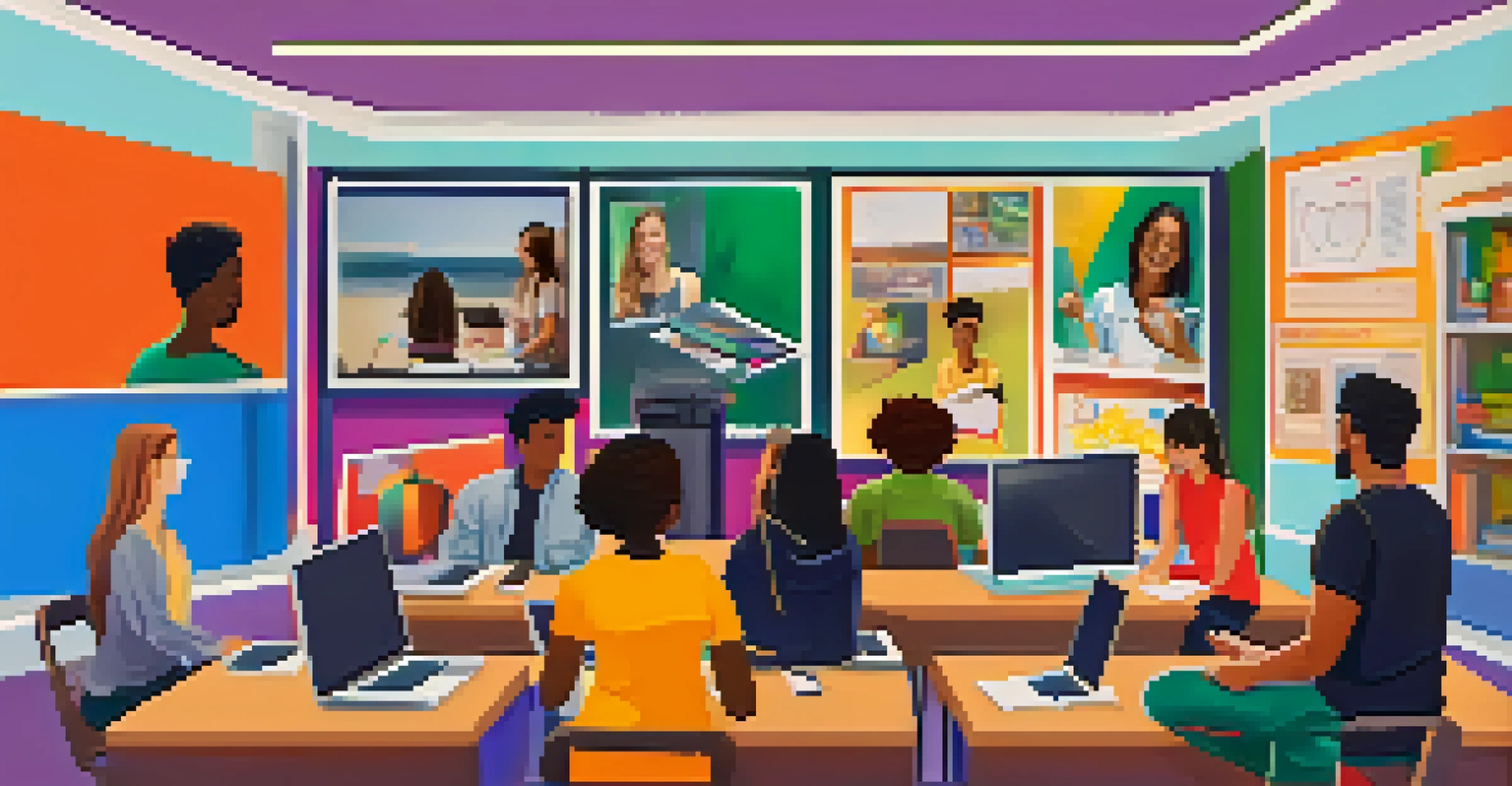 A virtual classroom with diverse students on screens, participating in an online learning session.